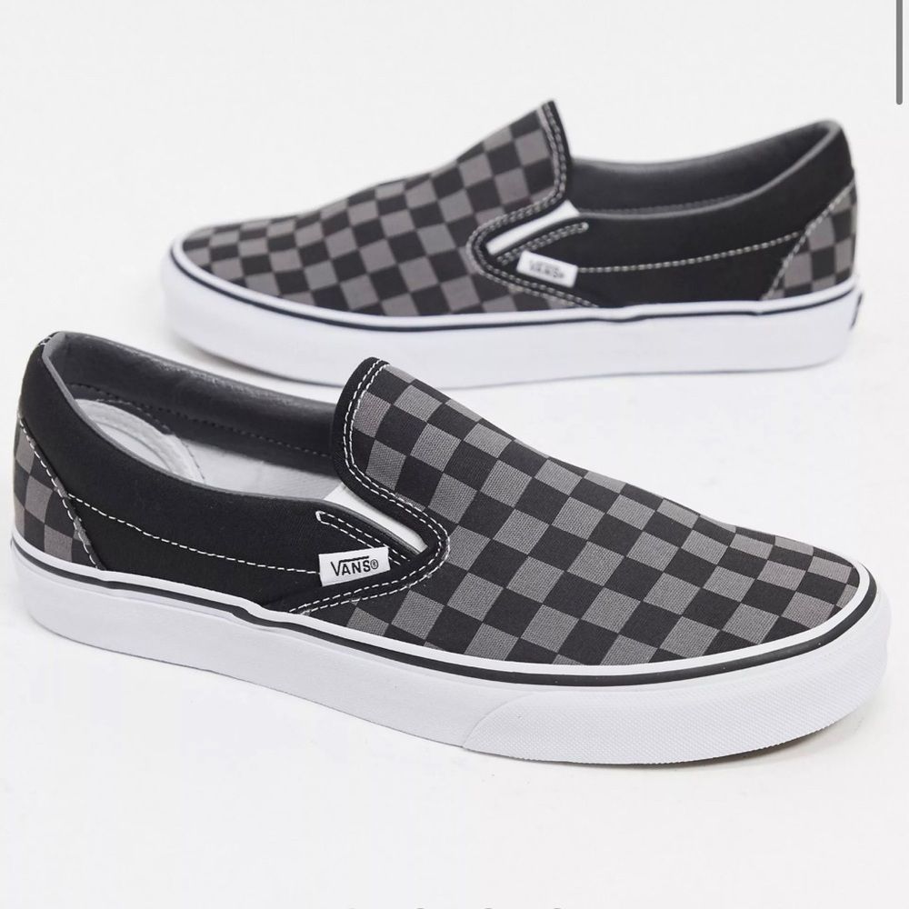 Vans Black Gray Checkerboard Canvas Slip on Sneakers Woman